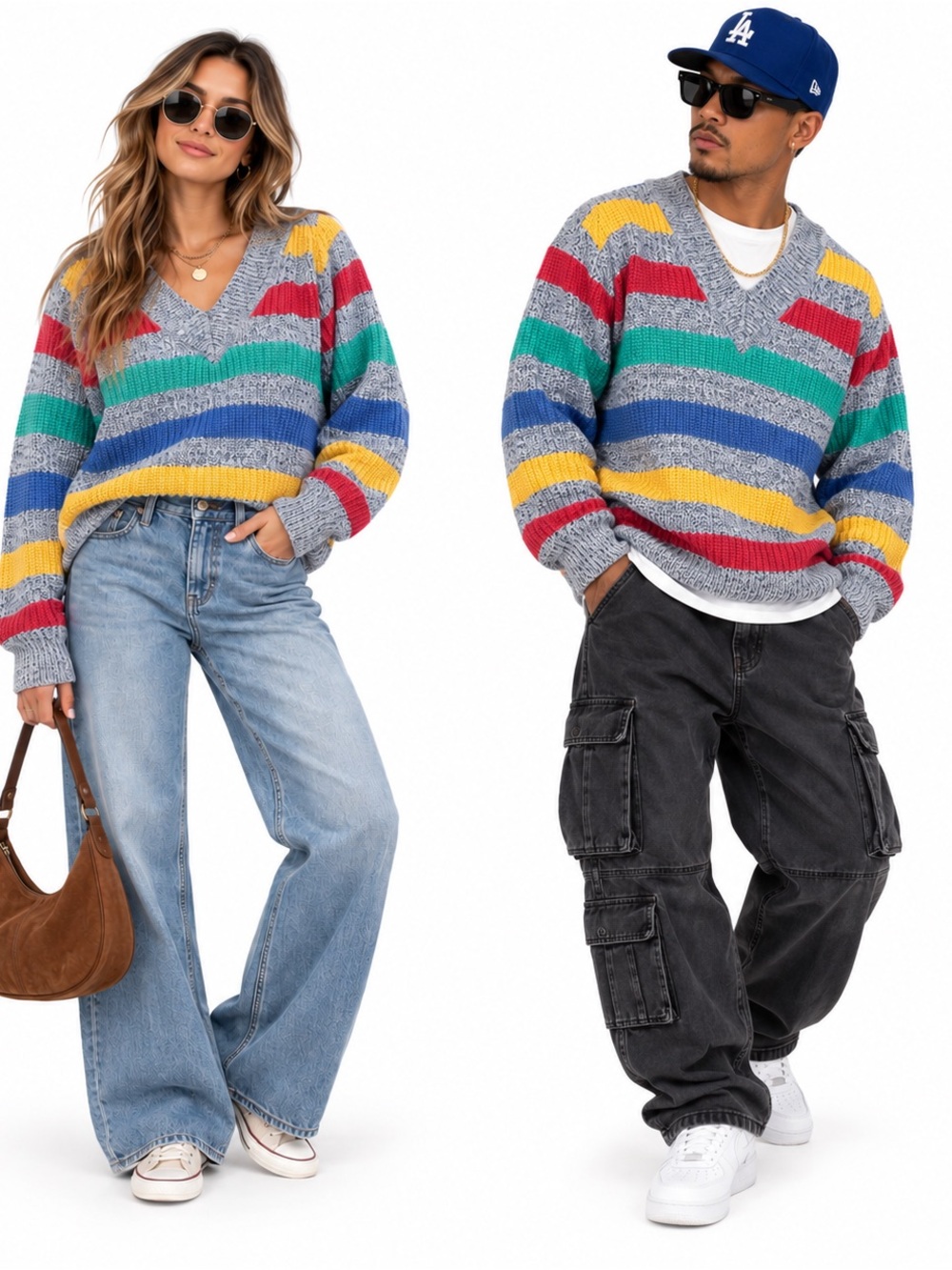 Vintage 1990s Venezia Striped V-Neck Knit Sweater - Multicolor